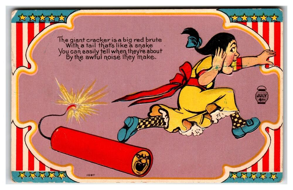 1910 Comic Fourth of July Postcard - Girl, Giant Firecracker, Patriotic